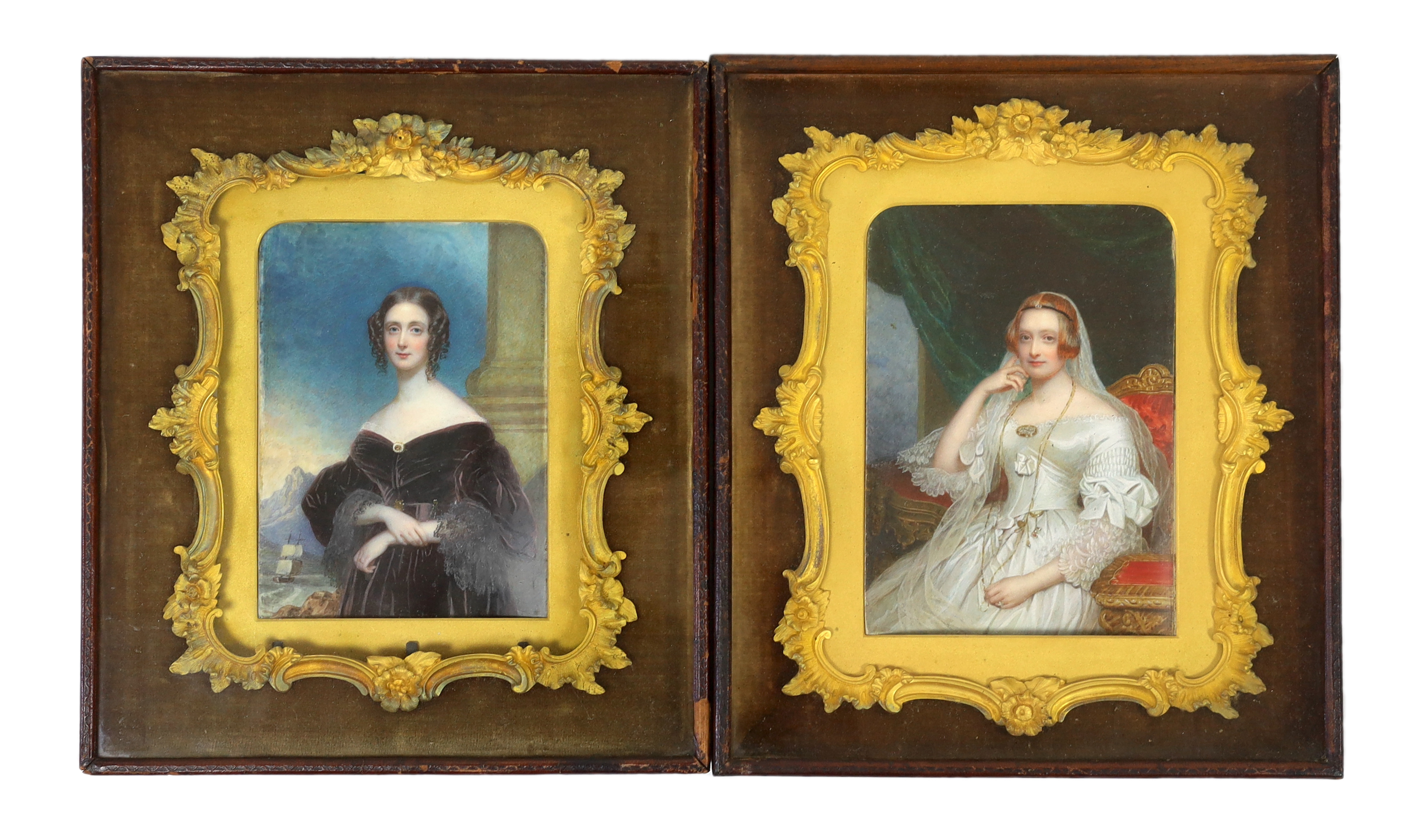 Sir William John Newton (British, 1785-1869), Miniatures of Mrs Cardwell & Mrs Rainy, pair of watercolours on ivory, 16.5 x 12cm. Ivory submission reference: B44HLLJJ and 7MNPC5LD